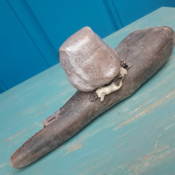 Pottery Clay Owl on Driftwood Artist Signed Glass Eyes Bird Themed Art - Picture 9 of 15